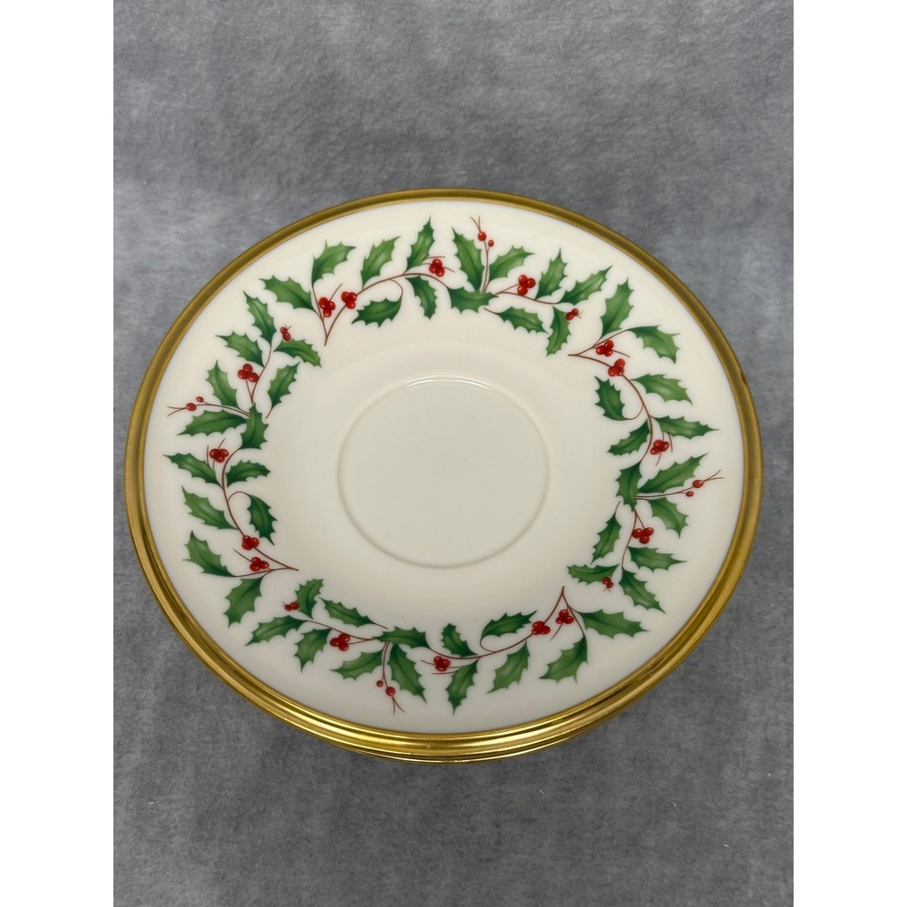 Lenox Saucers Ivory Holiday Dimension Collection Holly Berry Gold Trim Set of‎ 6
